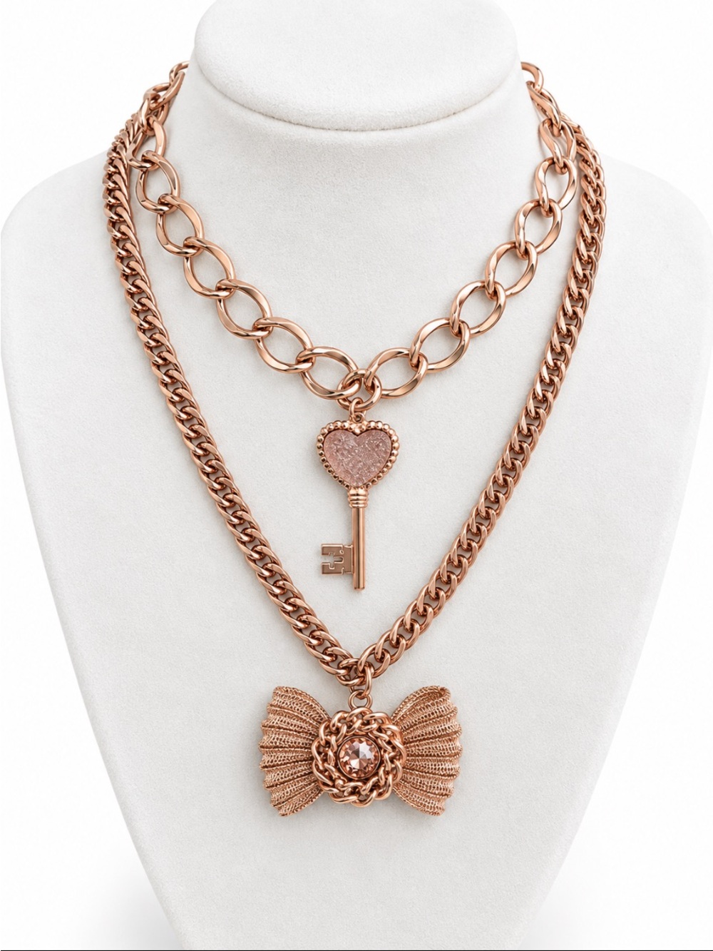 Rose Gold Layered Chain Necklace Heart Key & Bow Statement Pendants